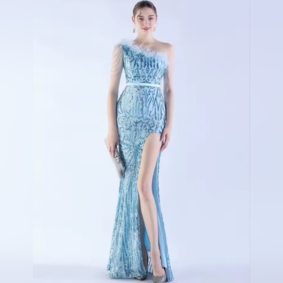 Blue, Geo Print, Assymmetrical Feather, Beaded,Slit Thigh, Sequined Mermaid Gown - Picture 2 of 12